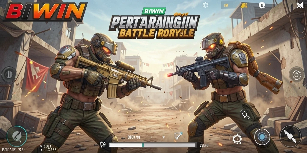 Screenshot utama BIWIN menampilkan aksi intens dalam pertarungan Battle Royale.