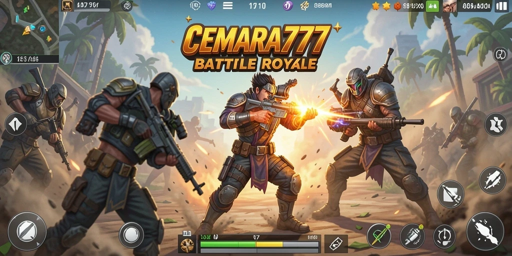 Gameplay CEMARA777 dengan pertempuran seru di arena Battle Royale.