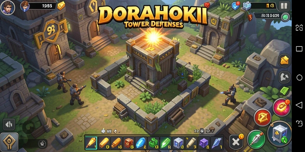 Tangkapan layar utama DORAHOKI menampilkan pertarungan epik dalam Tower Defense.
