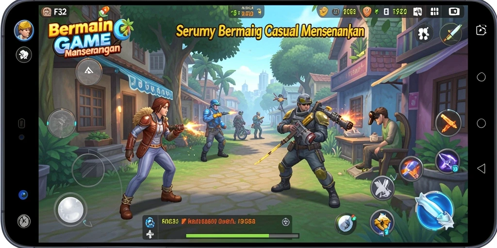 Tampilan utama gameplay F32 menunjukkan keseruan dan warna-warni menyenangkan.