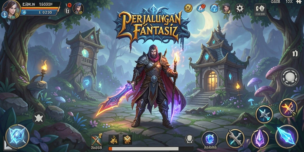 Tampilan gameplay RPG G668 dengan pahlawan heroik dan monster menakutkan.