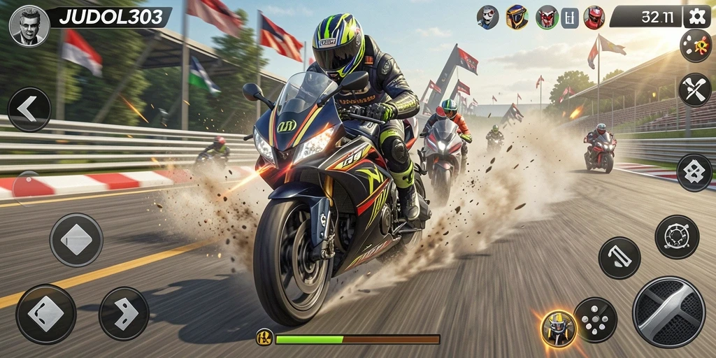 Tampilan menegangkan gameplay balapan motor di JUDOL303.