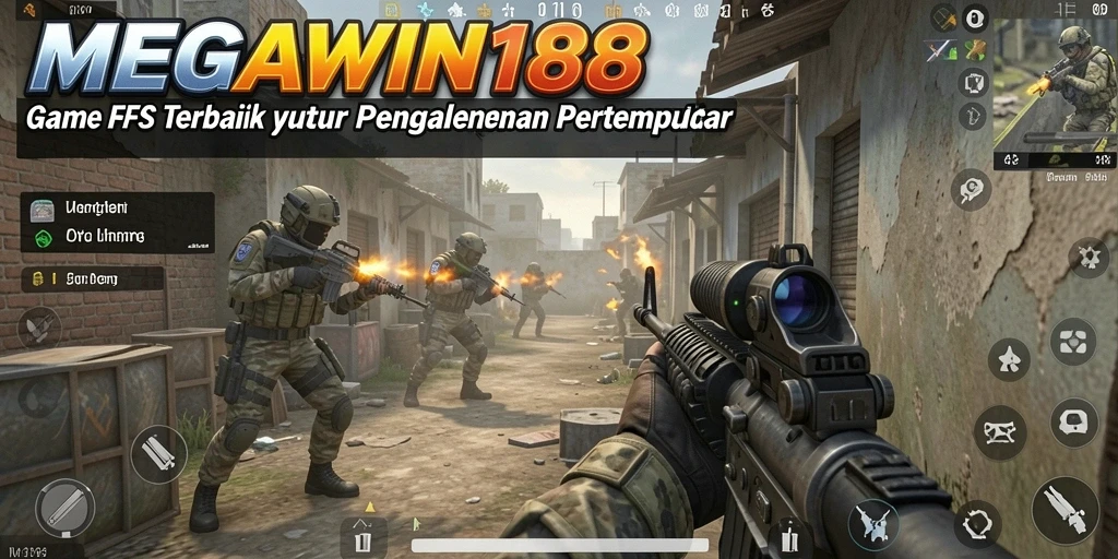Tangkapan layar gameplay MEGAWIN188 yang menunjukkan aksi intens dalam pertempuran FPS.