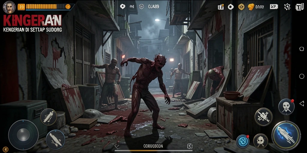 Screenshot gameplay OJA89 menampilkan suasana horor yang intens.