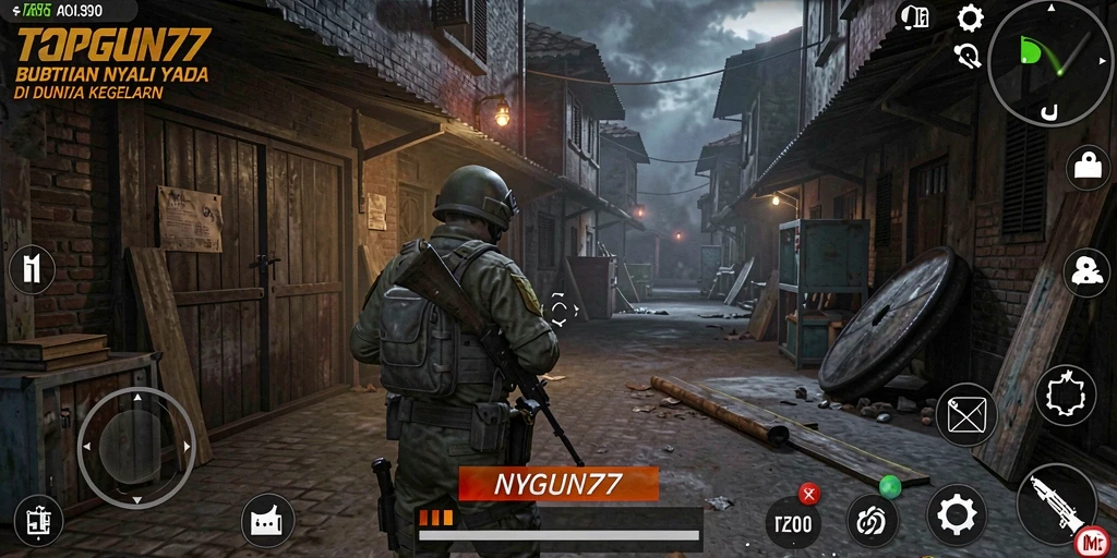 Screenshot utama dari <strong>TOPGUN77</strong> menampilkan suasana menyeramkan dan gameplay yang mencekam.